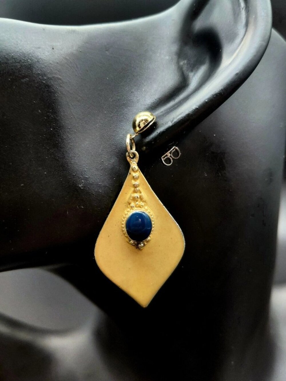 Dangle Earrings Gold Faux Blue Lapis Cabochon Diamond Costume Fashion Jewelry